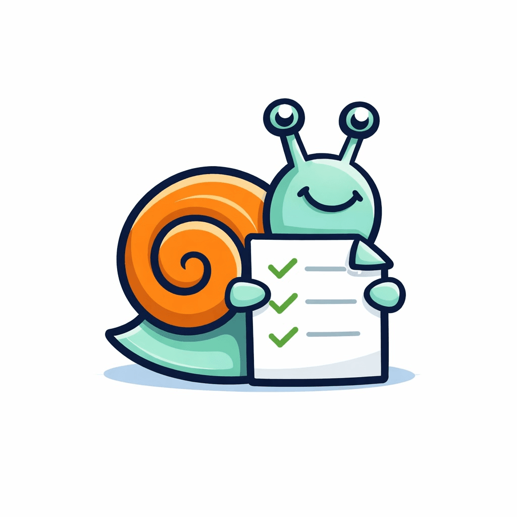 The SnagMail mascot — a snail with an orange shell holding a clipboard